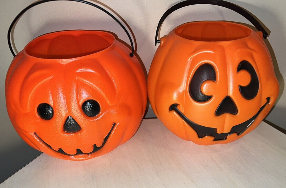 (2) Vintage 1980's Halloween Pumpkin Pails-Grand Venture & General Foam Plastics